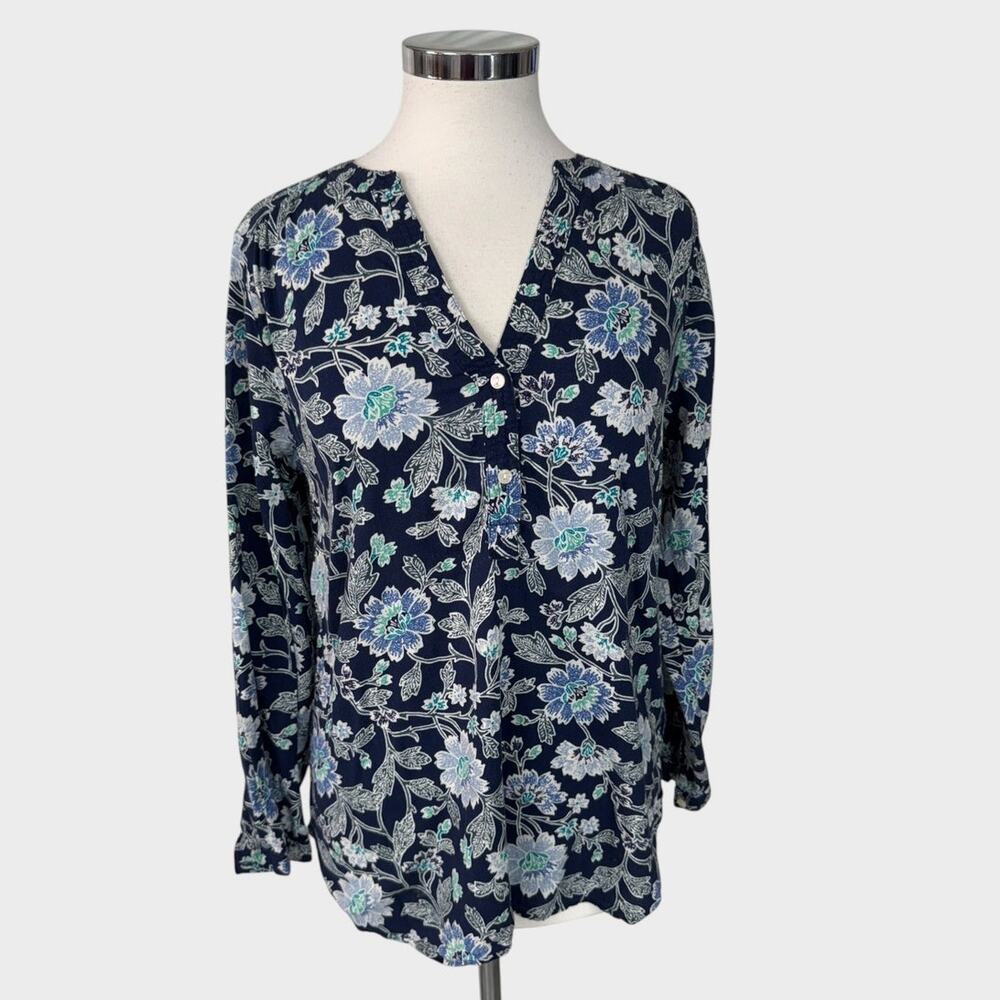 Old Navy Womens Small Blue White V Neck Floral Blouse Cotton Rayon Blend